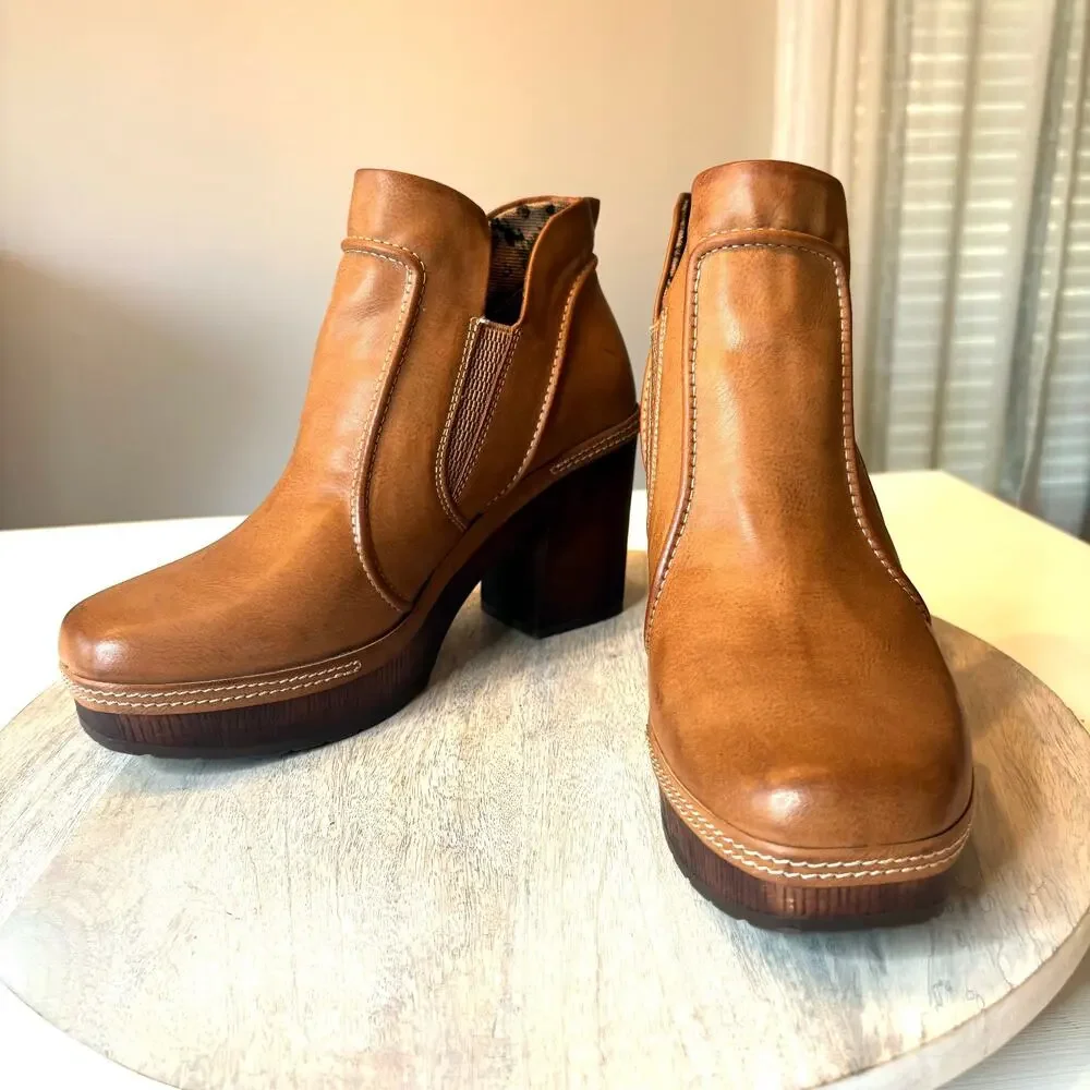 Korks Women's Platform Ankle Boots Brown Leather Chunky Heel Slip On Booties 7.5 - Picture 3 of 12